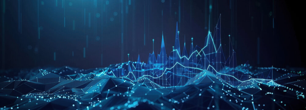Data Visualization: Illustrative digital landscape of data flow in a dark background. The image showcases interconnected data points and networks.