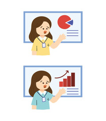 Woman doing presentations at work with graphic and pie charts. Working element collection
