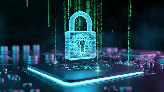 padlock hologram hovers above microchip and motherboard. circuit traces wrap around chipset surface. encryption algorithms visualize data flow across board. security concept rendered as lock.