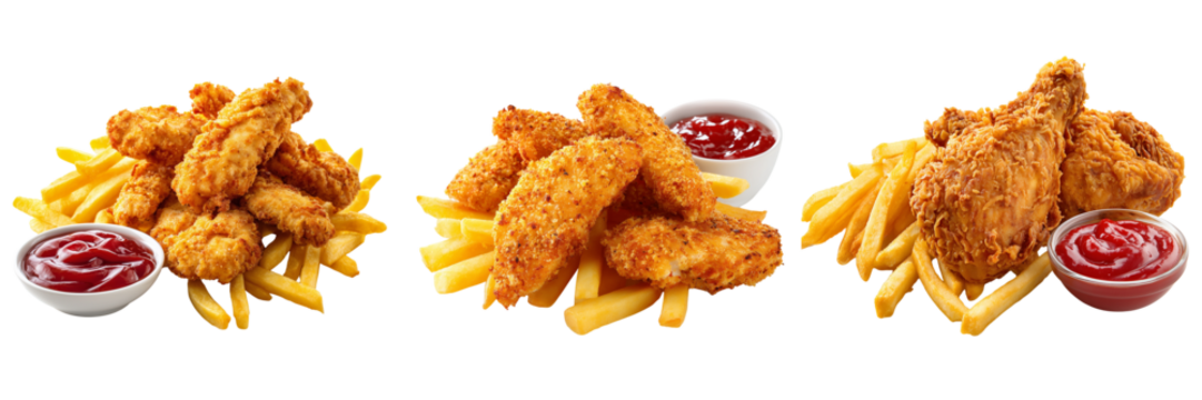 Set of Delicious fried chicken and crispy chips on plain white background on transparent png background. Ai generated