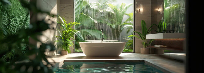 Spa-like Bathroom Oasis: A tranquil bathroom setting, featuring a luxurious freestanding bathtub with a view, creating an oasis of relaxation and serenity.