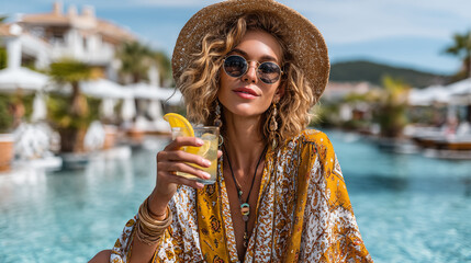 Portrait of beautiful young woman drinking cocktail in luxury hotel resort.