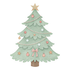 Watercolor Christmas tree with ornaments and star