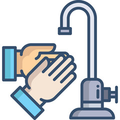 Illustration of two hands washing under a metallic faucet with clear water and a transparent background highlighting hygiene and cleanliness concepts