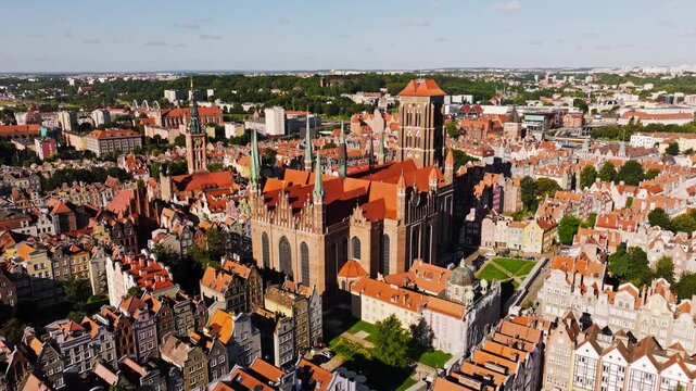 Cinematic aerial, Gdansk old town connecting Europe’s past conflict to peace now