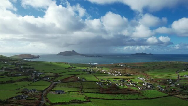 Epic Ireland blasket islands Dounquin Village on Slea Head Drive showers over the Islands in autumn Epic Kerry scenery