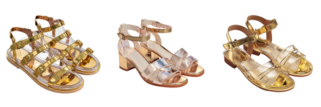 Set of Minimalist golden sandal floating look, subtle drop shadow, clean white studio background, high-end retail presentation on transparent png background. Ai generated