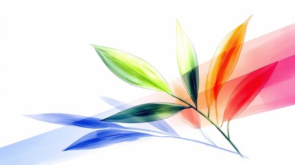 Fototapeta premium A stylized branch with leaves transitions through a spectrum of colors, set against a white background with abstract watercolor washes.