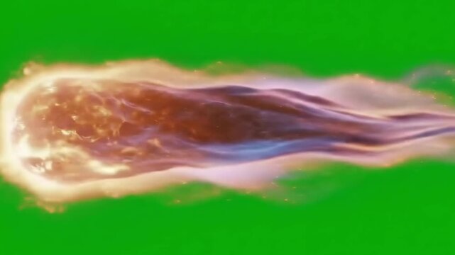 Fiery comet or meteor flying through space on a green screen, perfect for VFX and compositing.