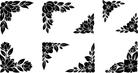 Decorative floral corner elements vector set with black silhouette leaves and flowers 