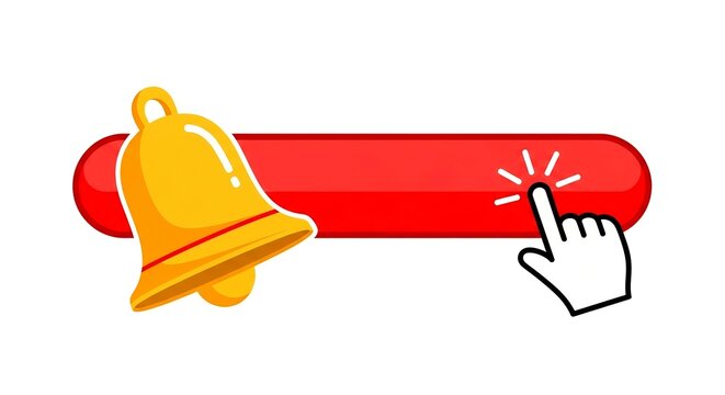 Golden bell icon with a red button and a cursor hand clicking it, isolated on white background - Powered by Adobe
