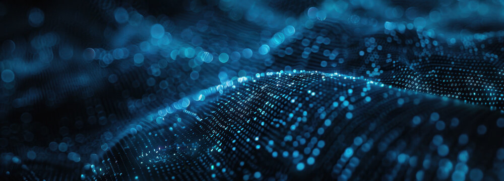 Digital Terrain: An abstract visualization of a digital terrain, with glowing blue particles forming intricate patterns, symbolizing interconnected networks and data flow. - Powered by Adobe