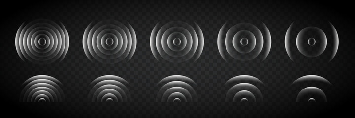 Sound wave rings. Glowing neon white wifi, wireless network, signal circles with futuristic motion ripple effect isolated on transparent background. Tech abstract vector illustration.