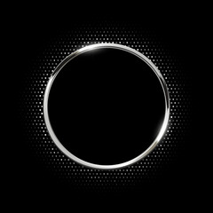 Silver circle frame with dotted halftone light effect. Circular glowing metallic ring, button, stamp, emblem, sticker, label. Modern luxury abstract vector illustration.