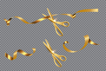 Ribbon gold scissors cut ceremony on transparent background. Golden clippers cutting satin tape for grand opening celebration. Luxury design for business event. Vector illustration.