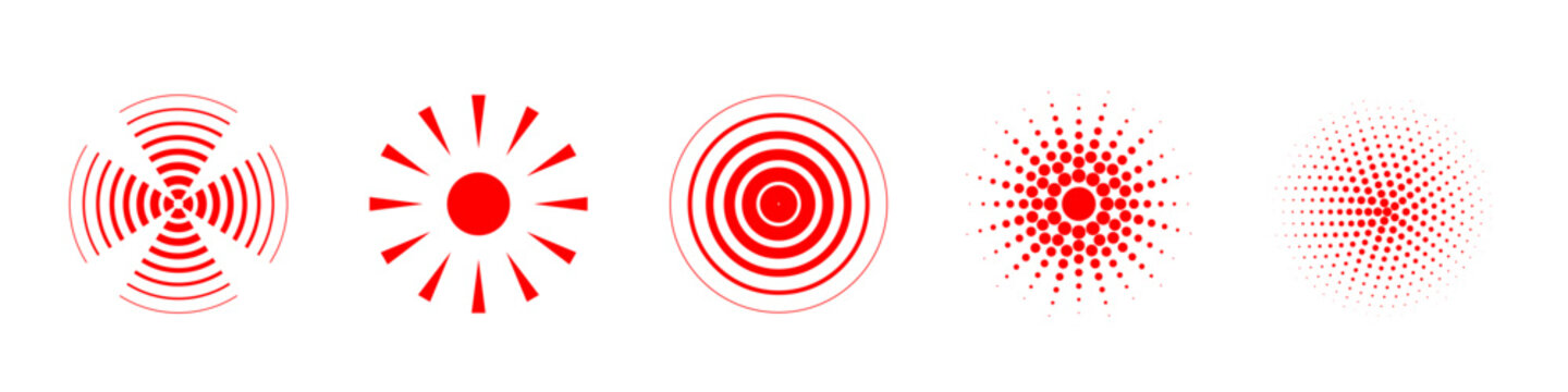 Pain circle red icon with concentric rings and ripple wave effect. Abstract target pattern symbolizing vibration signal or inflammation point. Modern medical and geometric vector illustrations set.