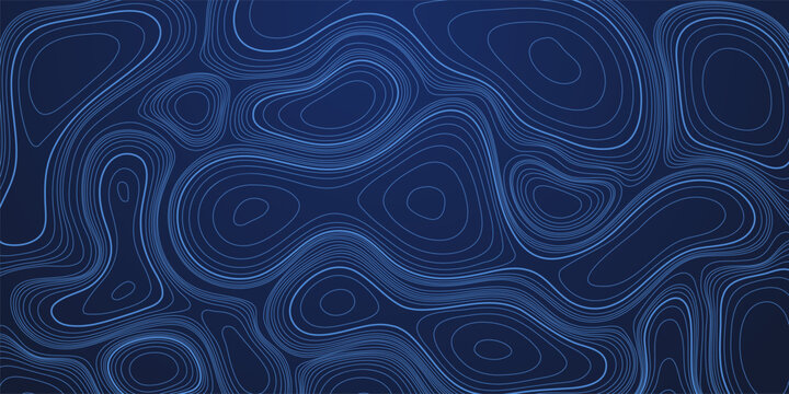 Topographic map background. Blue topography contour pattern with smooth wavy lines and gradient depth effect. Geographic design for marine or navigation themes. Modern vector illustration.