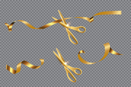 Ribbon gold scissors cut ceremony on transparent background. Golden clippers cutting satin tape for grand opening celebration. Luxury design for business event. Vector illustration.
