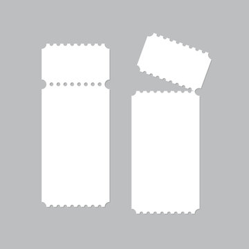 Blank white tear off tickets. Collection of narrow admission passes with perforated edges and detachable stubs. Minimal template for events, raffles, concerts. Realistic vector illustration.