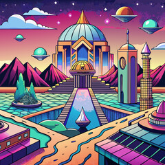 Surreal Retro-Futuristic Dreamscape with Pixel Skies