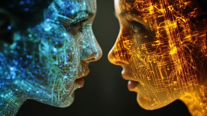 Close up of two faces, one blue circuit, one orange circuit, in profile, symbolizing ai - Powered by Adobe