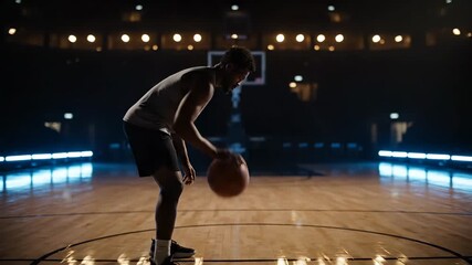 player dribble basketball on court near hoop. ball bounce across hardwood under arena light. athlete wear sneaker during practice and training. light trace motion across court. Silence fill arena. - Powered by Adobe