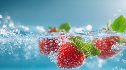 Fresh strawberries and mint splashing into cold blue water with bubbles. This image symbolizes refreshment, health, antioxidants, summer, clean eating, and wellness.