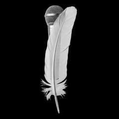 Microphone with a Large White Feather Against a Black Background music