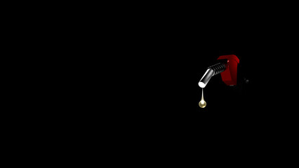 Last drop of fuel from a gas pump nozzle with black background (3D Rendering)