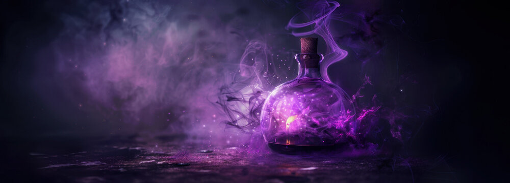Mystical Elixir in Dim: A mysterious glass bottle glows with an enchanting light, emanating swirling vapors within a moody and obscured ambiance, embodying mystique and fantasy.
