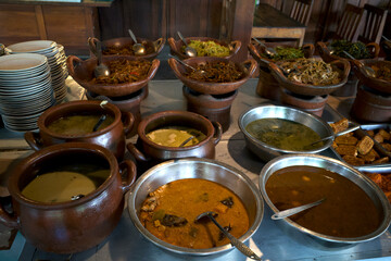 Cooked vegetables, fish, chicken and eggs ready to eat, delicious traditional food in Yogyakarta, Indonesia
