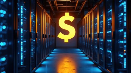 Símbolo de dólar dorado y brillante está suspendido sobre filas de equipos de minería de criptomonedas