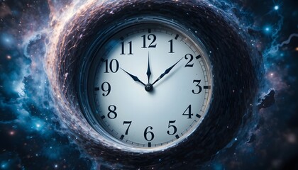 Timeless clock face emerges from swirling cosmic vortex, symbolizing time travel and infinite possibilities in the universe