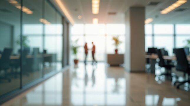 Pasillo de oficina moderno y difuminado con elegantes particiones de vidrio y sutiles reflejos de luz solar: un entorno corporativo minimalista