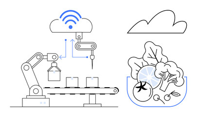 Robotic arm processes items on conveyor, connected to cloud through IoT. Fresh vegetables in bowl link food production and automation. Ideal for technology, agriculture, IoT, innovation