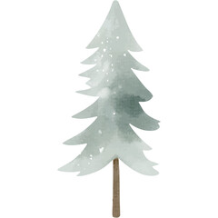 A Softly Rendered Watercolor Style Evergreen Tree Covered in Light Snowflakes Against a Transparent Background