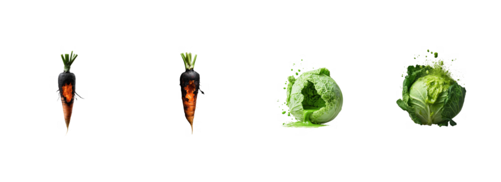 Carrot and cabbage transformation on black background