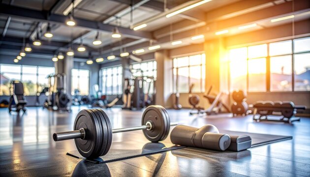 Blurred fitness gym environment with metallic workout equipment, barbells, and mats, cool neutral lighting evoking motivation and activity, ideal for a health or gym advertisement background.
