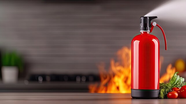 Firefighter uses fire extinguisher to control kitchen fire in a modern home with minimalist design