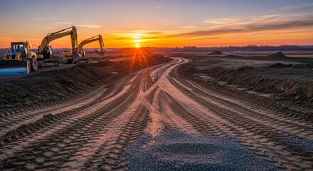 Fototapeta premium Empty Road Construction Site at Sunset with Digger Tracks and Unfinished Path, Infrastructure Development Theme
