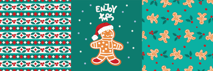 Enjoy xmas print with gingerbread man and seamless festive patterns set with holly and cookies. Red, blue, beige and green colors.Traditional vector designs for printing on fabric and paper.  