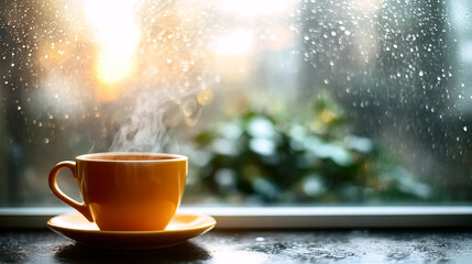 Morning Coffee by the Rainy Window | Cozy Cup with Sunrise | Steaming Coffee and Raindrops