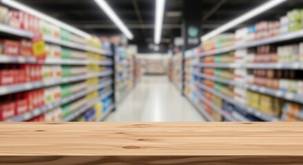 Fototapeta premium Wooden Countertop with Blurred Supermarket Aisle Background, Space for Product Placement