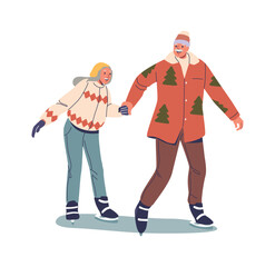 Elderly couple skating together outdoors