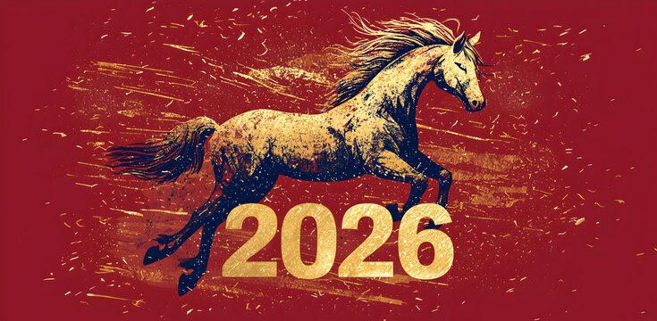Decorative 2026 year of the horse poster with intricate gold pattern silhouette and red festive background, perfect for Chinese new year design templates and cultural projects. 
