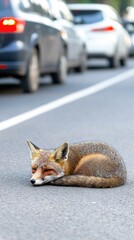 Fototapeta premium Dead fox rests on asphalt road while cars pass by during a warm summer day in a suburban setting