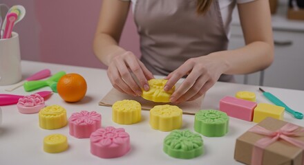 明るく柔らかな光が満ちる場所で女性が型を使い鮮やかな手作りデザートを丁寧に作る様子繊細な花模様や彩り豊かな和菓子のような美しいスイーツが並び手作りの温もりと創造的な喜びが広がる瞬間. AI Generated