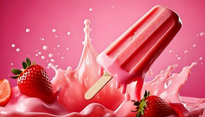 Ice cream, strawberry, frozen, dripping, creamy, splashing, mouthfeel, and delectable
