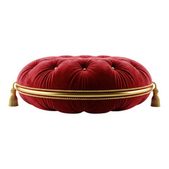 Red velvet cushion with golden rope and tassels isolated on transparent background
