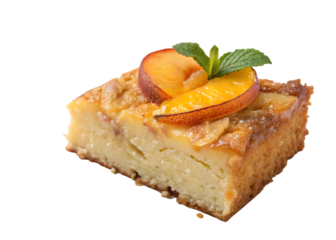 Delicious slice of peach cake with mint isolated on transparent background